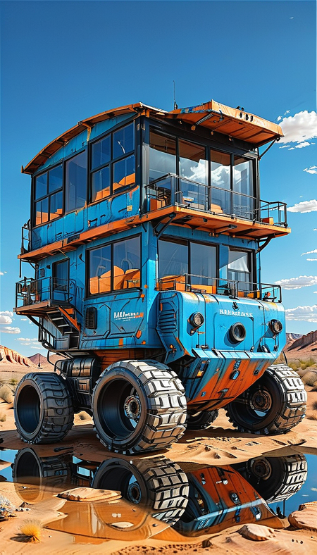 no humans, ground vehicle, sky, outdoors, desert, motor vehicle, cloud, vehicle focus, scenery, building, Tracked Vehicle, Traction City, blue paint, black paint,
black and orange paint, paint scratches, metal scratches,
(ultra sharp focus:2), (detailed windows:2), (thin lines:2), (reflections:2),
(best quality:1.8),
<lora:Apparatus_-_Traction_City_Walkers_Vehicles:0.8>