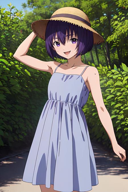 (masterpiece, best quality:1.2), highres, anime screencap, anime coloring, 1girl, solo, sweat, happy, smile, 
Yui_Minamito, purple hair, short hair, bob cut, bangs, hair between eyes, purple eyes, straw hat, 
white dress, bare shoulders, spaghetti strap, 
standing, spread arms, 
outdoors, summer, day, countryside, looking at viewer, 
<lora:add_detail_CyberAlchemist:0.4>, <lora:GoodHands-beta2:0.8>, <lora:YuiMinamito-000010:1>