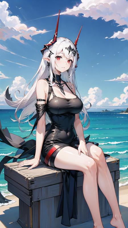 1girl, woman, mudrock (arknights), red eyes, solo, long hair, horns, black dress, short dress, shorts, white shorts, hair ornament, pointy ears, breasts, white hair, oripathy lesion (arknights), infection monitor (arknights), bangs, breast, full body, (sitting:1.2),  <lora:MudrockV1.0:0.6>, mudrockdefclass, black horns, horns, beach background, blue sky, clouds,