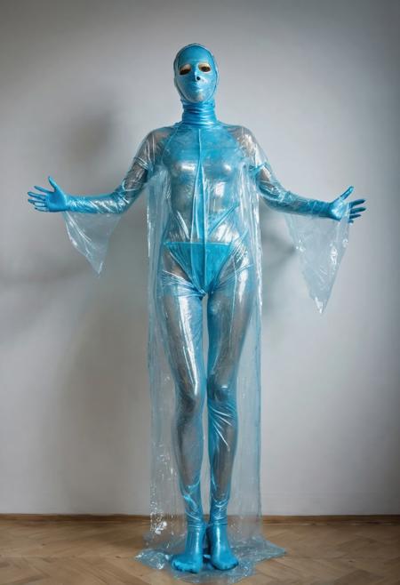 slim woman standing with legs spread wide completely encased In skintight light blue see through saran wrap , living statue, mummification, face encased in latex, skintight liquid latex mask, no wrinkles, no folds