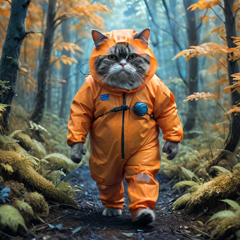 A cat in an orange raincoat and boots walking through a forest.