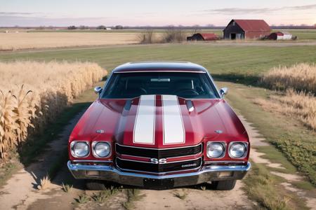 <lora:chvll-000006:0.6> chvll red body with white racing stripe, aerial view from a drone, parked in front of an abandoned red barn near a sprawling corn field, masterpiece, award winning, hyper realistic, natural lighting, sunset:1.0, muted colors, sharp focus, smooth, intricate details, 8k wallpaper, trending on artstation