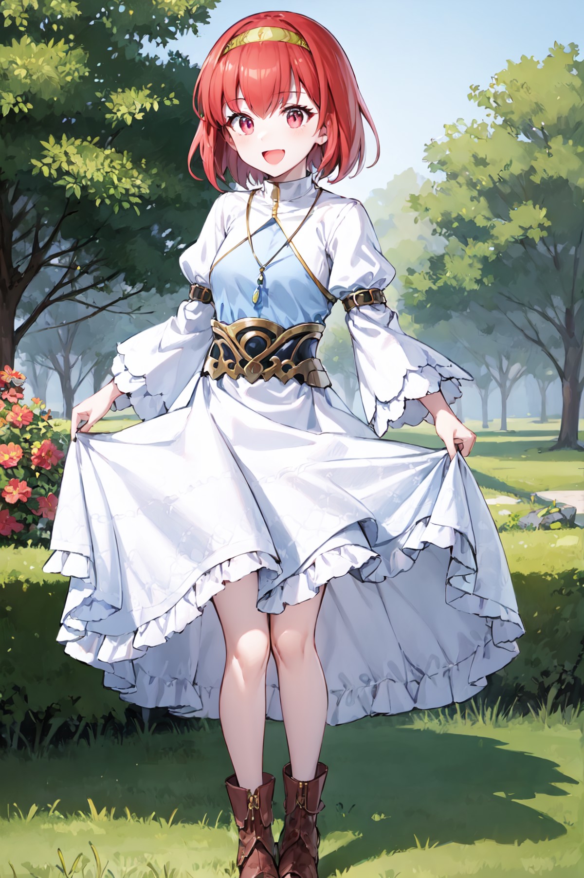 standing,fullbody,;d,<lora:maria:0.9>,feh_maria, dress, jewelry, necklace, boots, hairband, white dress, long sleeves, puf...