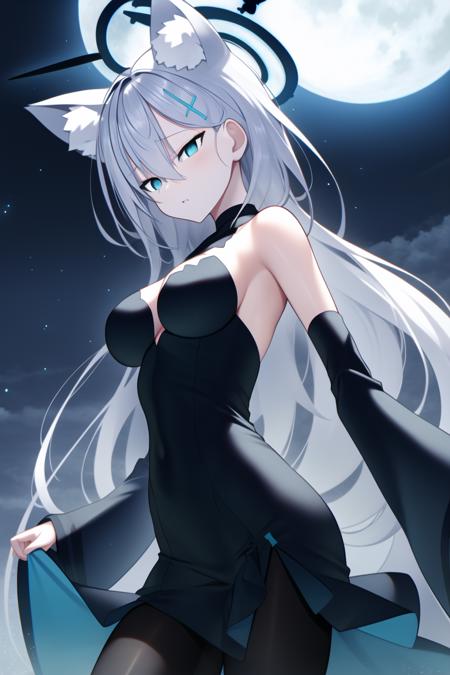 upper body,shiroko_pupils,sunaookami_kuroko,black_dress,black pantyhose,cowboy_shot,detailed_face,moon,cloud,dark_sky,star