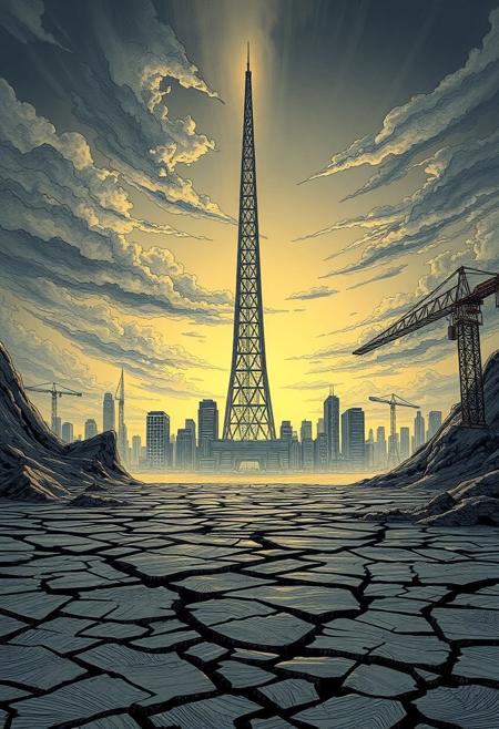 A masterpiece of intricate line work, with expressive contrasts, dynamic lighting, of the shattered cracked ground of the Neo-Oceania desert in the foreground, with a high-contrast twilight sky over a city of high-tech cyberpunk, high-tech orderly low-life style, with a technological pyramid, a space elevator in which it's tower stretches all the way up beyond the clouds in the middle frame which is made of triangulated trusses similar to a crane jib but not exactly like a crane.