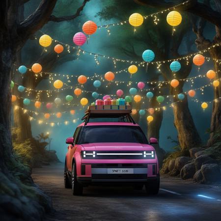 sntf car, front view, throwing a party, whimsical forest, lush colorful woods, fairy lights and glowing lanterns, Dr. Seuss, cartoon, digital illustration, whimsical, bright and vibrant, 2D, high definition, ink, digital color