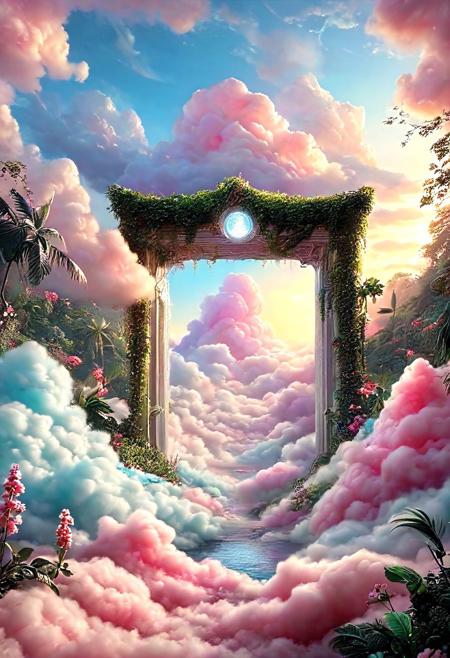 Marvel at a mind-bending photographic manipulation, a triumph of digital wizardry that transcends the bounds of reality itself. Framed centrally within the image is a curious rectangular aperture, its dimensions precisely calibrated to accommodate the extraordinary vista contained within.
Beyond the sill lies a miniature paradise, a pocket dimension crammed full of lush vegetation and thundering cataracts. Towering trees strain upwards, their emerald canopies brushing against the underside of the window pane. Waterfalls plummet from impossible heights, their torrents swelling the tributaries below until they surge violently over the lip of the casement.
Two avian creatures, possibly parrots or toucans, burst forth from the dense foliage, their wings beating vigorously as they navigate the narrow confines of the opening. Sunlight streams obliquely through the canopy, casting dramatic chiaroscuro patterns across the undergrowth.
Above this sylvan idyll, the sky blazes with the incandescence of late afternoon, the last vestiges of twilight bleeding slowly into the gathering dusk. Wisps of cirrus clouds drift lazily across the cobalt expanse, their cotton-candy consistency belied by the sheer immensity of the celestial dome.
adventure, contemporary, fantasy, nature, whimsy, dreaminess, 
beautiful, painterly, textural, artistic, aesthetic, 
intricate details, highly detailed, ultra-detailed, absurdres, vivid, vibrant, volumetric lighting, 
cottoncandy, aid291, midjourneyv6.1