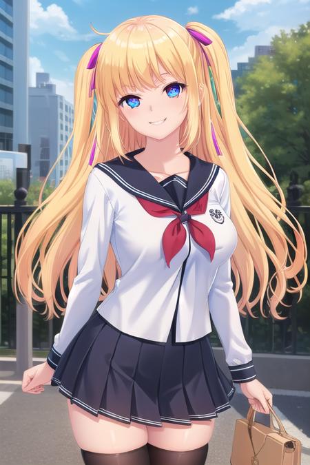 Tsugui Fumika blonde hair,long hair,twintails,two side up,hair ribbon,purple ribbon,sidelocks,bangs,blue eyes collarbone,school uniform,black sailor collar,white shirt,red neckerchief,large breasts,skindentation,impossible clothes,long sleeves,miniskirt,pleated skirt,black skirt,zettai ryouiki,black thighhighs,loafers