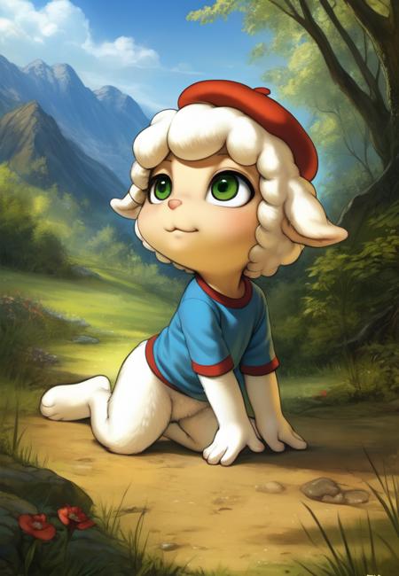 CloudMarshmallowTimesII, red beret hat, elbow-length T-shirt, green eyes, Blue T-shirt with red sleeves, chibi, sheep