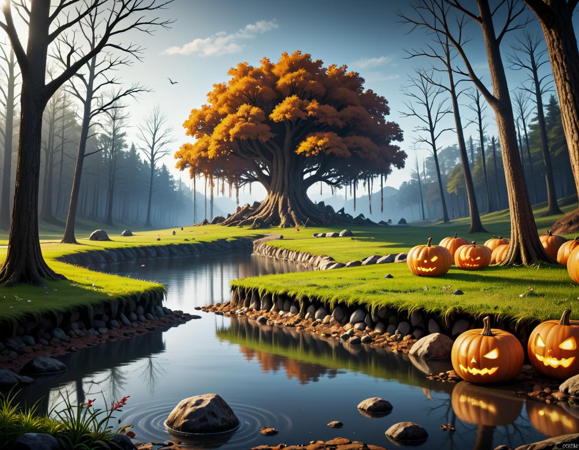 (golden ratio:1.5), a creepy swamp, fill with mud, with many dead trees, menacing sky. there is a carved pumpkin on a rock in the middle of the swamp.  BREAK, masterpiece, amazing quality, cartoon style, HD, 4k, best quality, amazing quality, very aesthetic, absurdres, highly detailed background, highly detailed landscape,