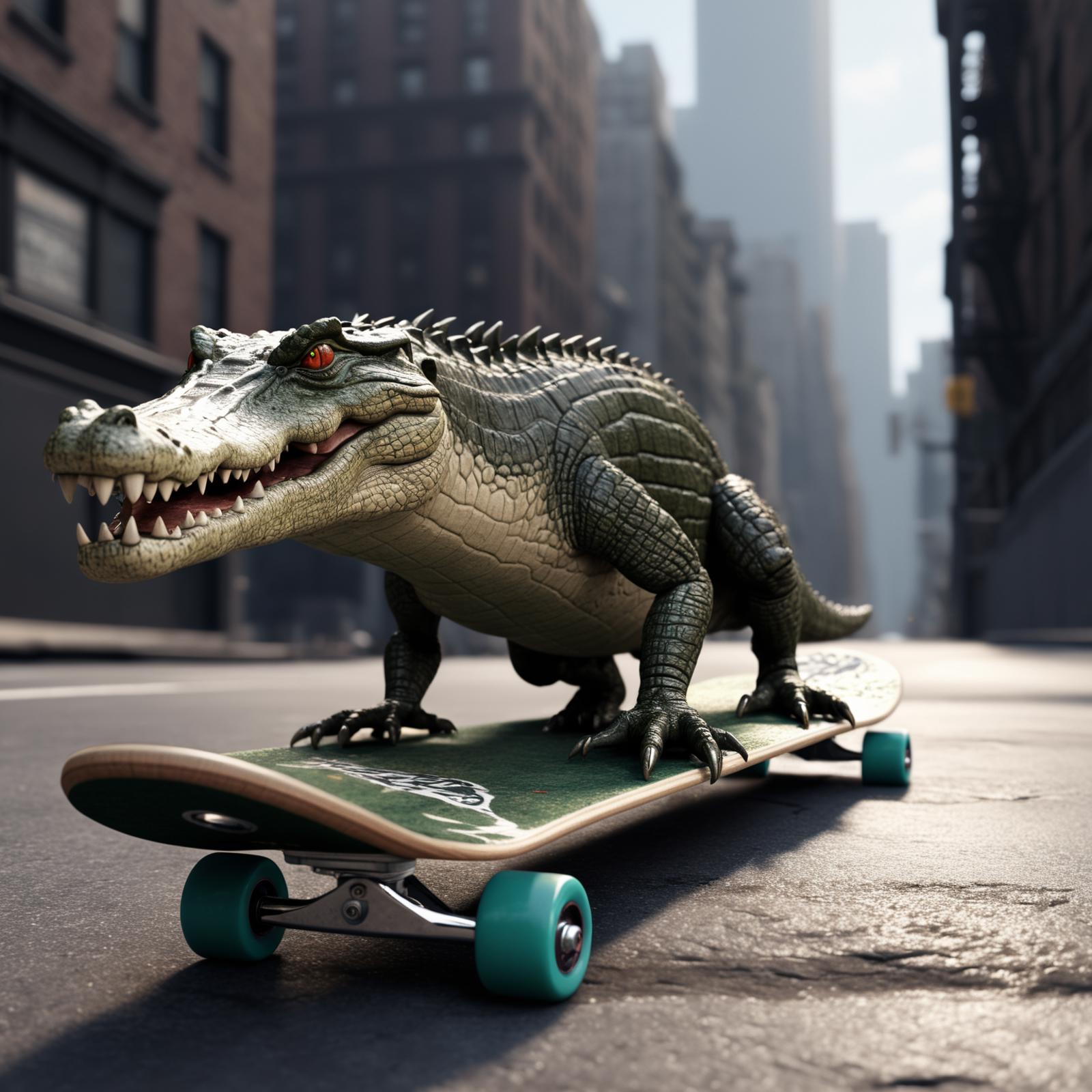 Green skateboard with a large alligator on top of it.
