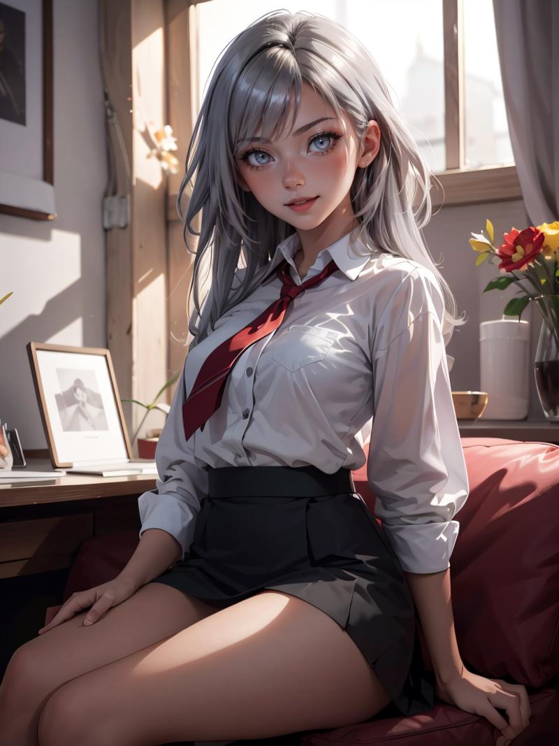 Anime artwork of a woman wearing a white shirt and red tie, sitting on a couch.
