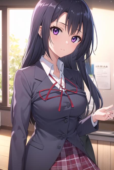 chizuruakaba, <lora:chizuru akaba s2-lora-nochekaiser:1>,
chizuru akaba, long hair, black hair, (purple eyes:1.1),
BREAK skirt, school uniform, plaid, plaid skirt, shirt, white shirt, collared shirt, jacket, long sleeves, black jacket,
BREAK indoors, classroom,
BREAK looking at viewer, (cowboy shot:1.5),
BREAK <lyco:GoodHands-beta2:1>, (masterpiece:1.2), best quality, high resolution, unity 8k wallpaper, (illustration:0.8), (beautiful detailed eyes:1.6), extremely detailed face, perfect lighting, extremely detailed CG, (perfect hands, perfect anatomy),