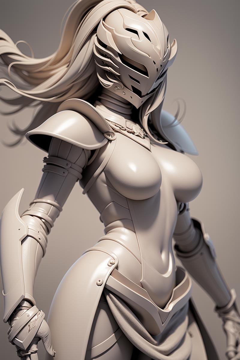 A 3D render of a female warrior with a sword and shield, wearing a metal suit and a helmet.