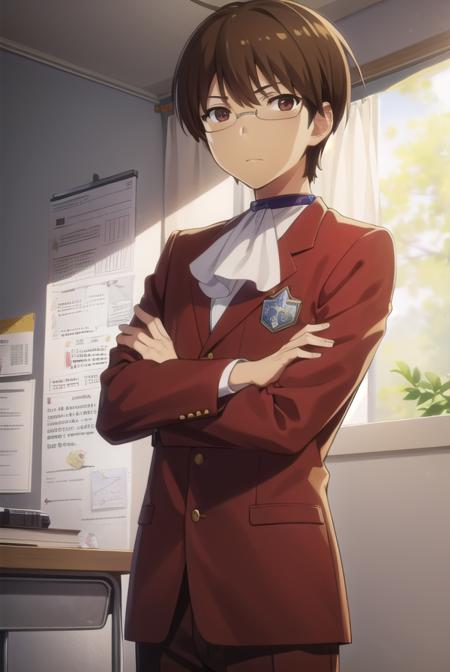 keima katsuragi, brown hair, male focus, glasses, (brown eyes:1.5), school uniform, ascot, formal, pants, long sleeves,