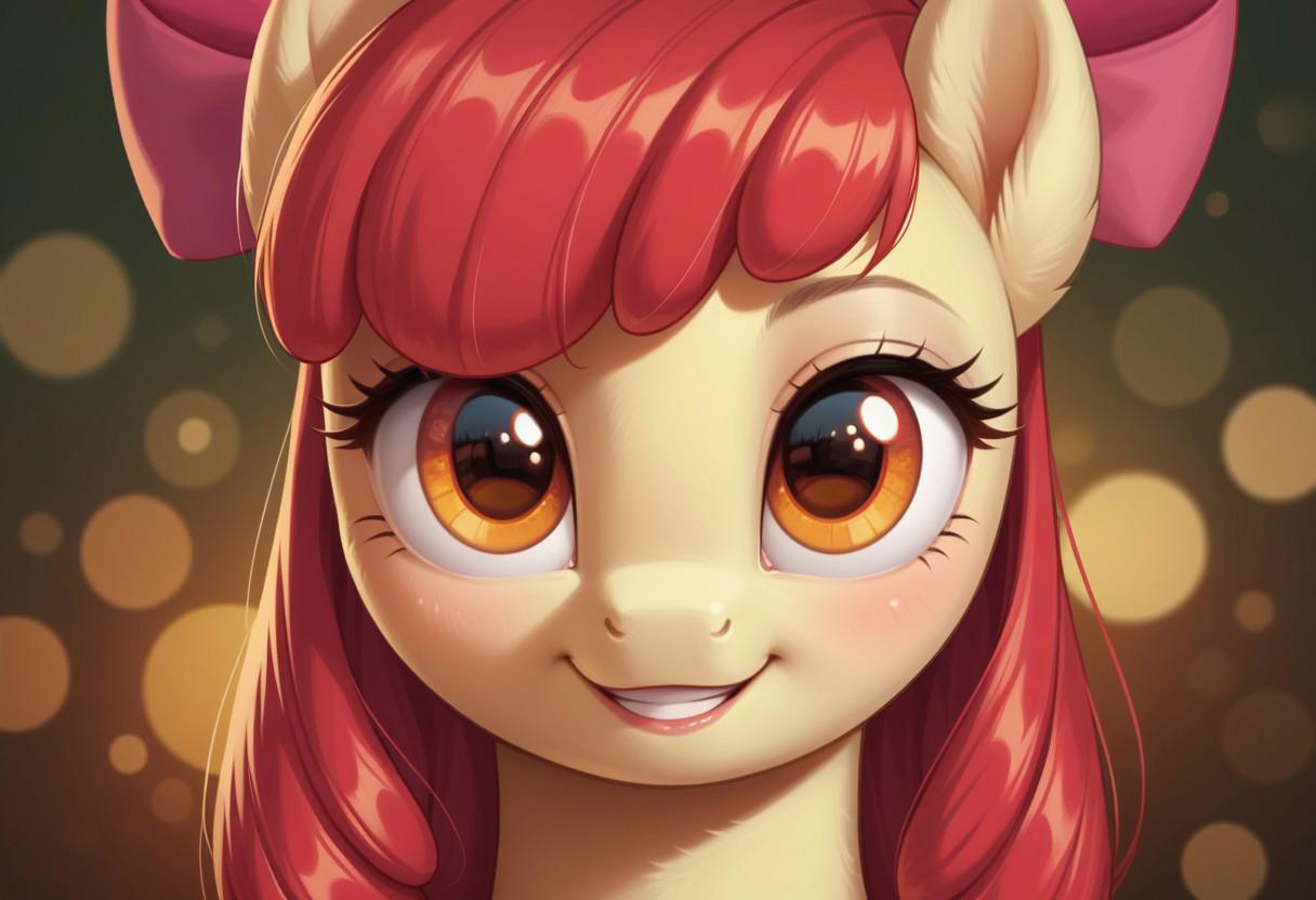 score_9, score_8_up, score_7_up, score_6_up, score_5_up, score_4_up, my little pony, ((feral pony)), Apple Bloom, 1girl, solo, (cute), beautiful, detailed, (detailed cute pony face), detailed eyes, detailed fur, beautiful, vector, flat colors, (abstract background:1.8), (looking at you, looking at viewer:1.5), smile, happy, ((close-up)), high angle