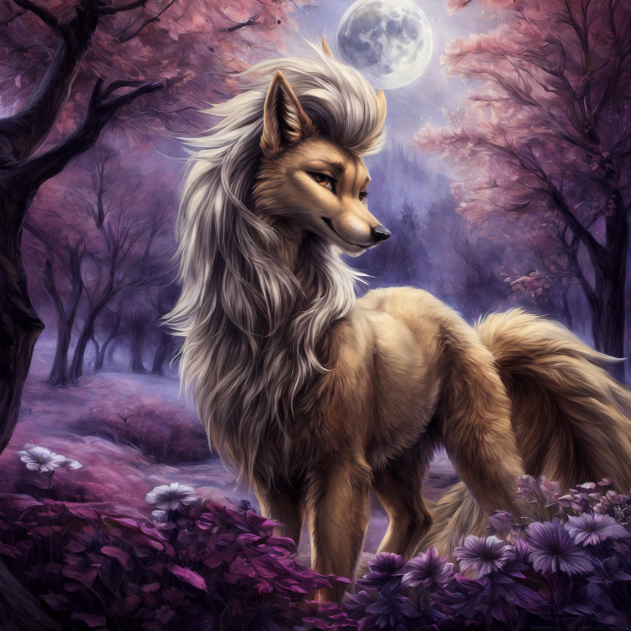 A majestic wolf-like creature stands in a field under a full moon.