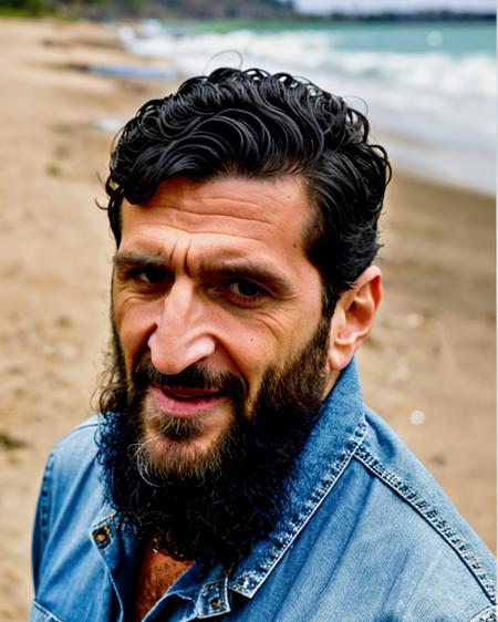 (Fares Fares:0.8) (Fares_Fares_SD15_v2-012:0.92) man, portrait photo front view, on a windy beach, nice looking, messy medium-length bluehair, 50 y.o, skin detail, natural lighting sunlight, 4k uhd, dslr, soft light, high quality, Fujifilm XT3, long beard, (closed mouth:1.2), lips, (beautiful eyes, iris, pupil:1.1)