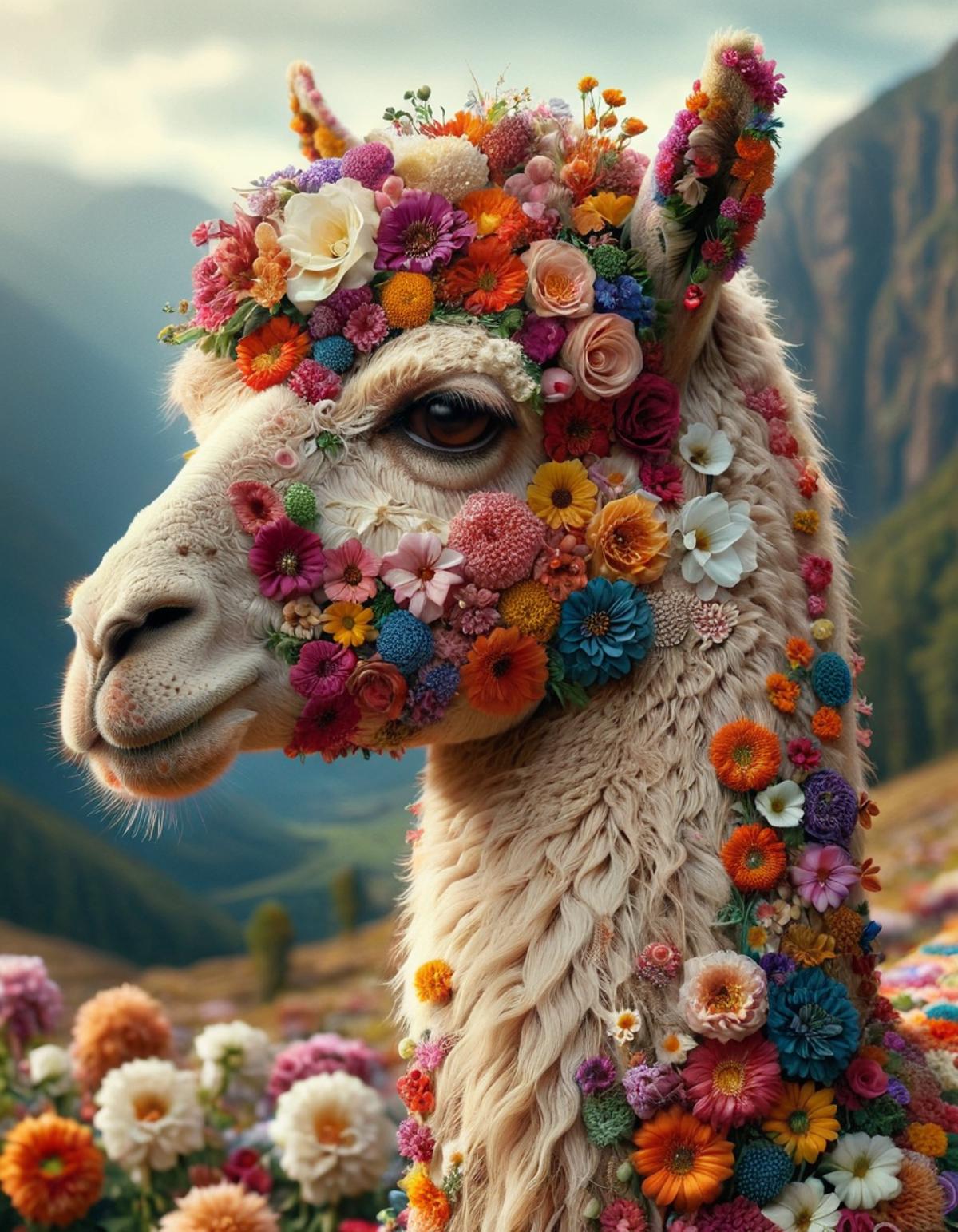 An Adorable Llama with a Floral Headband and Flower Crown