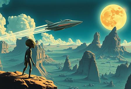 image in the style of soviet propaganda, a futuristic spaceship flying through the skies of an alien planet while a small alien looks on from a cliff in the foreground