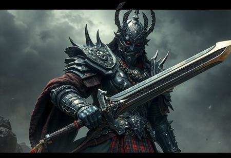 "Create a detailed, lifelike depiction of a titan in Japanese-inspired attire, holding the Orichalcos Sword of Sealing. The titan should be dressed in full armor gravitation, complete with spiked metal elements. The overall design should reflect the essence of the forbidden planet and phantasm, while incorporating intricate details. The artwork should be in high definition, with a full-body view and a vertical orientation. The creation should be a tribute to the style of Anthony Palumbo, made in 2019 and rendered using Octane."