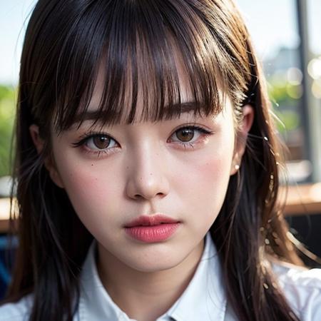 asian 8k,hdr, beautiful, cute, masterpiece, (best quality:1.5), (realistic:1.5),(photorealistic:1.5),ultra detailed, detailed face, realistic face, (realistic skin:1.37), (intricate:1.5), woman, solo, blunt bangs, pale skin, (close-up photo:1), portrait photo, perfect lighting, (school uniform), (thigh high),(class room), (small breast:1.2), slim, slender, natural makeup, 