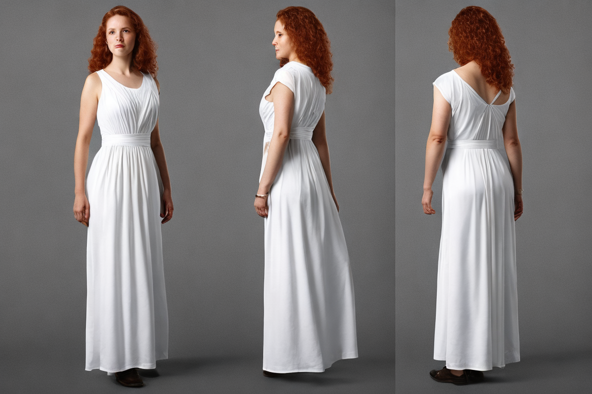 photographic full body character turnaround of beautiful curvy redhead (wearing a long white sundress:1.2). Multiple views...