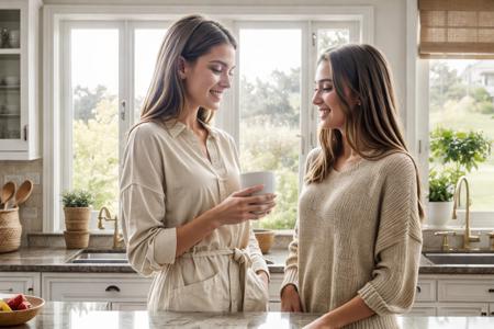 2girls women standing at a kitchen counter drinking coffee in large modern luxury home casual clothing,
love warmth caring compassion loving smiling dusty bright morning sunlight shining through windows (masterpiece:1.2) (photorealistic:1.2) (bokeh) (best quality) (detailed skin) (intricate) (8k) (HDR) (cinematic lighting) (sharp focus) (Clutter-Home:1.2),<lora:add_detail:1>,baking