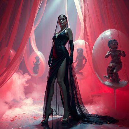 noble norvegian femme fatal lady  posing standing wearing evening GLOSSY THIN black slime high slit gown, GLOVES  and high heels,   entrapped in  giant long waving  ultrathin transparent fisnet veils, surrounded by  red and white fog from the floor, captured in light beam from celling,  giant slime covered transparent eggs  with encased ladies at background, breeding chamber,  ultrathin waisT, HORROR,  reminiscent of H.R. Giger, Zdzisław Beksinski, and Ash Thorp's dark, sleek styles, with close-up glamour photography, glossy satin and silver heels glistening, fleshy slime dripping, and dark shadows.