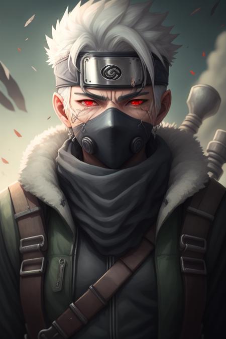 masterpiece, best quality,kakashi, 1boy, solo, male focus, ninja, red eyes, scar, forehead protector, looking at viewer, scar on face, mask, mouth mask, white hair, weapon, upper body, scar across eye, debris, spiked hair, konohagakure symbol, weapon on back, short hair