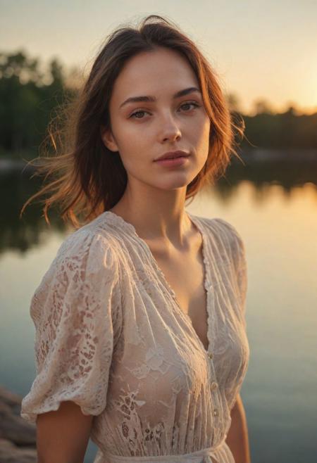 editorial photo, everyday-type, adorable woman, lake at sunset, posing, perfect composition, depth of field, detailed skin texture, lifelike shadows,