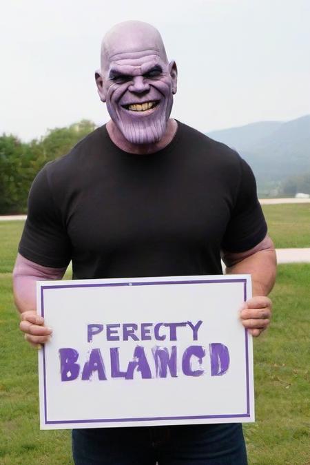 masterpiece,high quality,
 <lora:PE_HoldingSign:0.8> PEHoldingSign,
thanos holding a sign that says perfectly balanced