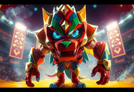 "Highly Detailed Illustration: A Destiny HERO - Diamond Dude, vibrant in red, blue, green, and yellow, stands poised on a yellow Amazoness Arena, ready for action. The A Destiny HERO - Diamond Dude, a fusion of shapes and sizes, has striking blue eyes and a bold red mouth. The image is a 4K masterpiece, with lifelike details, sharp lines, and stunning colors. The lighting is cinematic and dynamic, with glowing lights and intricate volumetric effects. This epic artwork exudes vibrant energy, vivid emotions, and a powerful message, perfect for CGSociety and Artstation showcase."