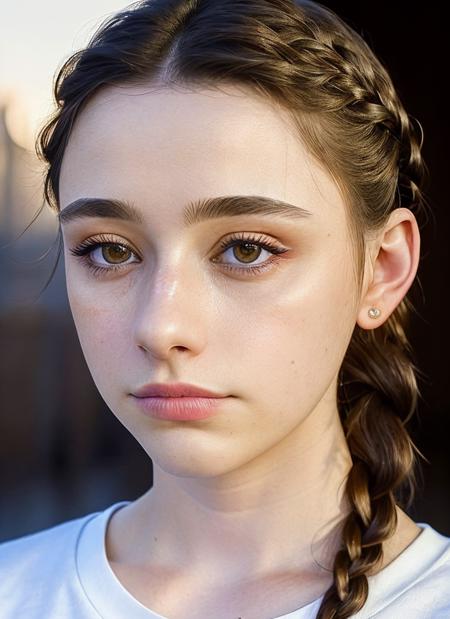 portrait of skswoman, depressed , wearing t-shirt , with medium brown Side braid , background jewish temple epic (photo, studio lighting, hard light, sony a7, 50 mm, matte skin, pores, colors, hyperdetailed, hyperrealistic), <lyco:Dasha Taran:1.1>