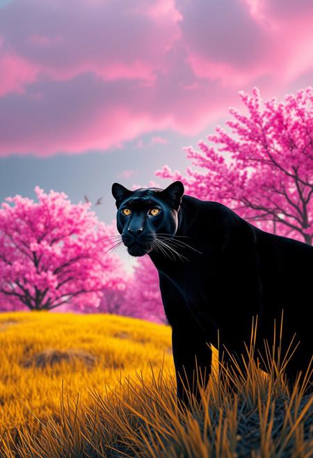 score_9, score_8_up, score_7_up, cinematic photo, dramatic lighting, a black panther staring at you from far away, pink sky, lush pink trees, yellow grass patch, asain style, David Hockney, Ascii art, gongbi, traditional chinese painting style, neon colors, <lora:Neon_Splash_Art_for_Pony:1>
