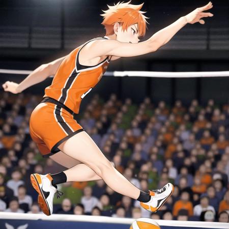 <lora:Shoyo Hinata:0.6>,Shoyo Hinata,ultra detailed face,1boy,playing voleyball,spiking the ball in air,over the net,jumping,short orange hair,volleyball outfit,angry look,side view,closed mouth,short neck,pointy chin,cat eyes,full body,receving the ball with his hands,crow fethers behind him falling down,jumping in the air