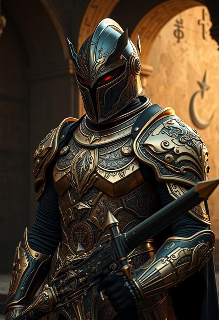 A hyper-detailed, futuristic warrior in resplendent armor, blending medieval and sci-fi styles, with an elaborate gold and bronze filigree. The helmet has a polished black visor with an elongated, angular shape, giving a mysterious, imposing presence. The armor is adorned with intricate engravings, featuring symbolic etchings, ancient glyphs, and runes, some glowing faintly. The warrior holds a finely crafted, advanced weapon with matching ornate gold details. Background showcases a dark, ancient ruin with weathered stone, faint mystical symbols, and warm, low ambient lighting casting shadows that enhance the armor’s metallic sheen.