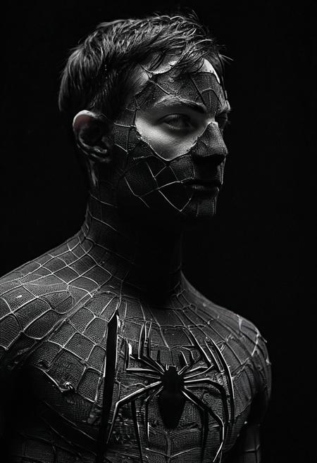 high-contrast monochrome palette, Tobey Maguire in Spider-man suit, (skin pores:0.5), (skin oils:0.3), black background, black-and-white, calm looking, shadow over eyes, cool looking, portrait, side view, ripped suit, blood, ripped mask, damaged mask, dark eyes, broken, Half of the face is shaded, muscular, ng_deepnegative_v1_75t