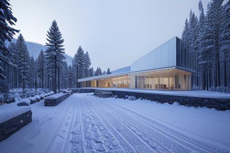 aichang,snow scenery,modern architecture,glass,aluminium plate,snowing,warm light,in winter,best quality,masterpiece,high quality,real,realistic,super detailed,full detail,8K,<lora:20240104-1704369572650:1>,