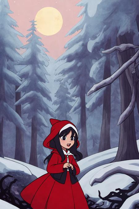 2d animation classic style little girl red riding hood in a creepy forest midnight moonlight atmospheric
(masterpiece:1.2) (cell shading) (animation) (flat color illustration:1.1) (best quality:1.2) (clean lines)