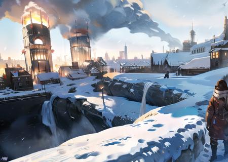 snow-covered city, ruins, fire, winter, cold, fear  <lora:frostpunk:0.8>, frostpunk