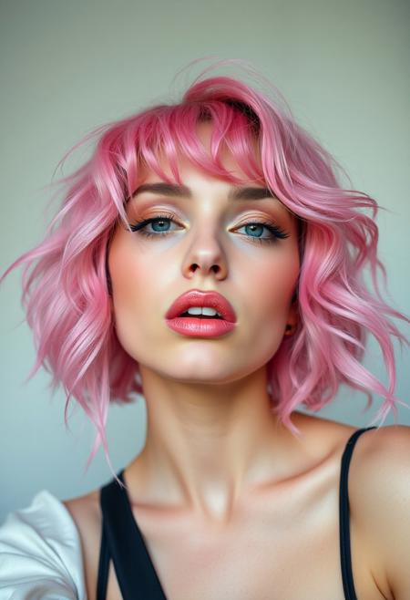 pink haired, maximal makeup, lip bite, blush