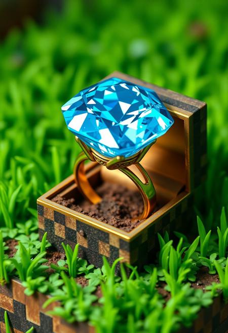 "Illustrate a vibrant, hyper-realistic image of a Minecraft diamond ring, but with a comically oversized twist. The blue diamond, plucked from the game and set into a real-world ring, is enormous - at least 5 times larger than the ring itself. The ring is a delicate, golden band, but it's dwarfed by the massive diamond, which seems to be bursting out of its setting. The ring is nestled in a tiny, intricately crafted jewelry box that's designed to resemble a miniature grass block from Minecraft. The box is complete with tiny, detailed blades of grass and a miniature dirt texture, adding to the whimsical charm of the scene. The diamond itself is rendered in exquisite detail, with intricate facets and a sparkling, crystalline structure that seems to reflect every light source in the surrounding environment. The overall effect is one of playful, comedic excess, as if the diamond has grown to absurd proportions and is now bursting out of its tiny ring setting." highest-Quality, intricate details, visually stunning, Masterpiece