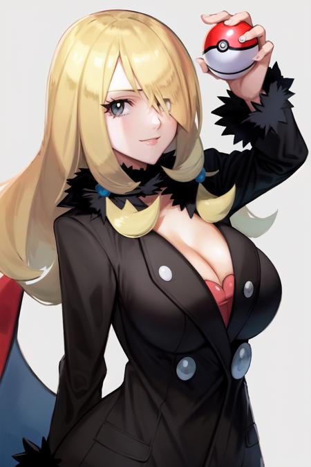 skistyle, 1girl, poke ball, cynthia (pokemon), blonde hair, holding poke ball, poke ball (basic), garchomp, pokemon (creature), breasts, long hair, holding, hair over one eye, hair ornament, cleavage, fur trim, fur collar, upper body, closed mouth, coat, fur-trimmed coat, black coat, smile, long sleeves, grey eyes, white background, hand up, black shirt, eyelashes