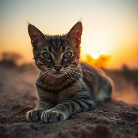 A  cat chills in the sunset, dust, sun beams, realistic, award winning wildlife photography