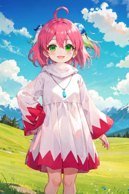 shiroma, green eyes, short hair, pink hair, ahoge, hair ornament, necklace, white dress, smile, standing, mountain  <lora:shiroma:1>