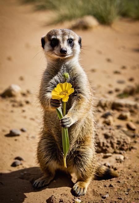 national geographic photo, a meerkat holding a flower, picking up a flower, smelling good