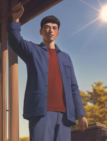 masterpiece, best quality,
solo, 1boy, 
realistic, blue jacket and red shirt,
standing under the sun
<lora:EarlyChinesePoster:0.9>,