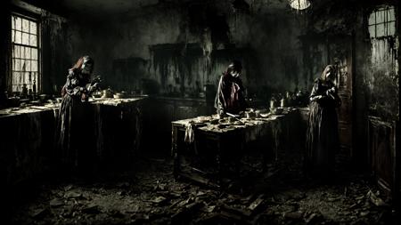 <lora:[LoRA][Horror]s4w3d0ffBlend_v10:1>, horror art, gore, abandoned kitchen, dystopian, soft light,  haunted place, scarry, evil maid in victorian costume,  holding knife