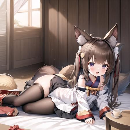 best_shadow, wallpaper, colorful, best_quality, highly_detailed, masterpiece, ultra-detailed, illustration, highres, bedroom, solo, 1girl, amagi-chan \(azur lane\), brown_hair, fox ears, fox girl, fox tail, <lora:Amagi-chan (Azur lane)（小天城）V1.0:1>, full body,